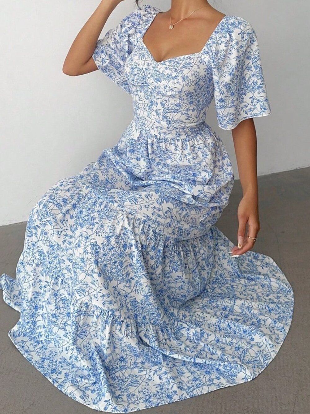 Baby Blue Boho Women's Short Sleeve Vacation Beach Music Festival Floral Dress - Picture 5 of 7